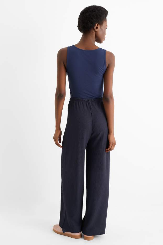 Women - Jersey trousers - mid-rise waist - wide leg - textured - dark blue