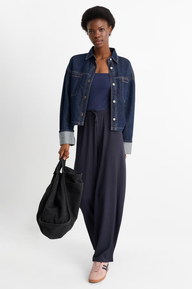 Women - Jersey trousers - mid-rise waist - wide leg - textured - dark blue