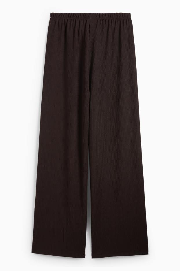 Women - Jersey trousers - mid-rise waist - wide leg - textured - dark brown