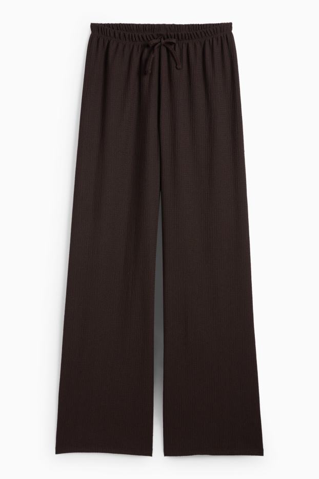 Women - Jersey trousers - mid-rise waist - wide leg - textured - dark brown