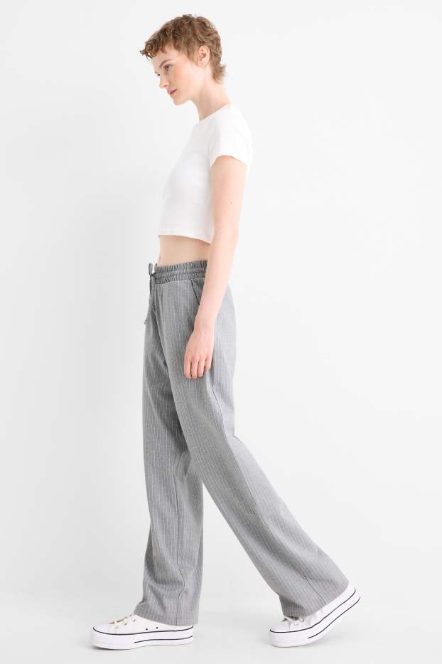 Women - Jersey trousers - high waist - wide leg - pinstripes - gray