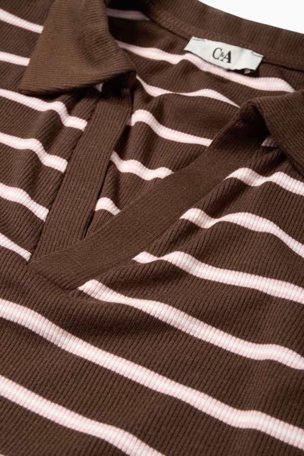 Femei - Tricou polo crop - slim fit - reiat - cu dungi - maro închis