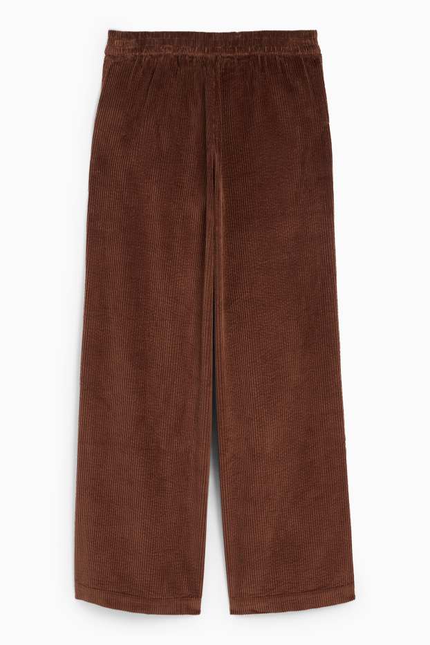 Dámské - Manšestrové kalhoty - mid waist - wide leg - tmavohnědá