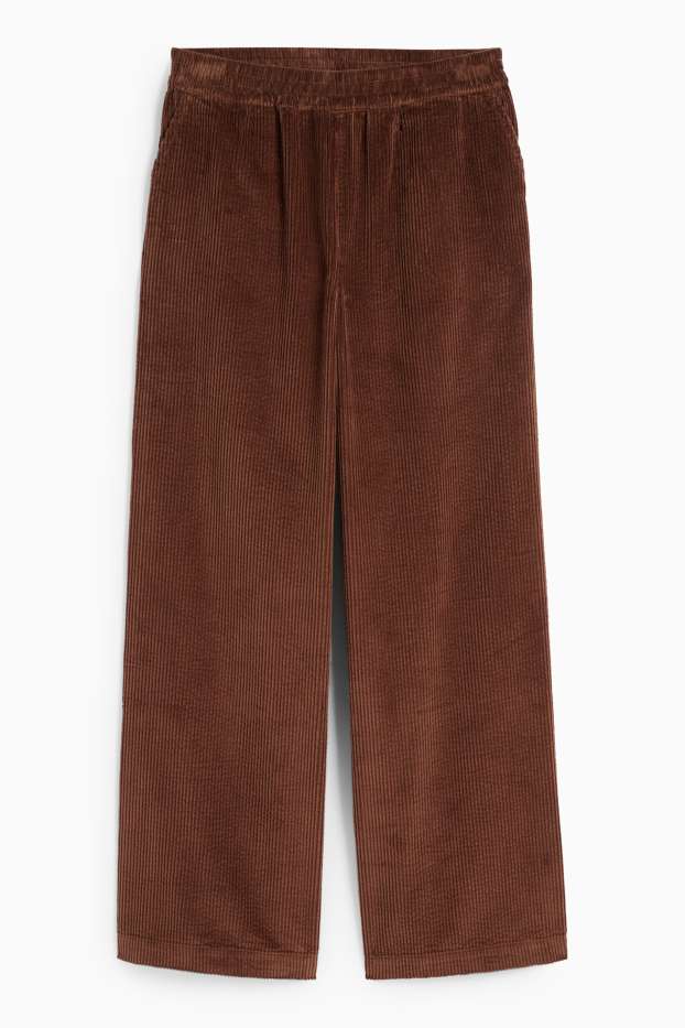 Dámské - Manšestrové kalhoty - mid waist - wide leg - tmavohnědá