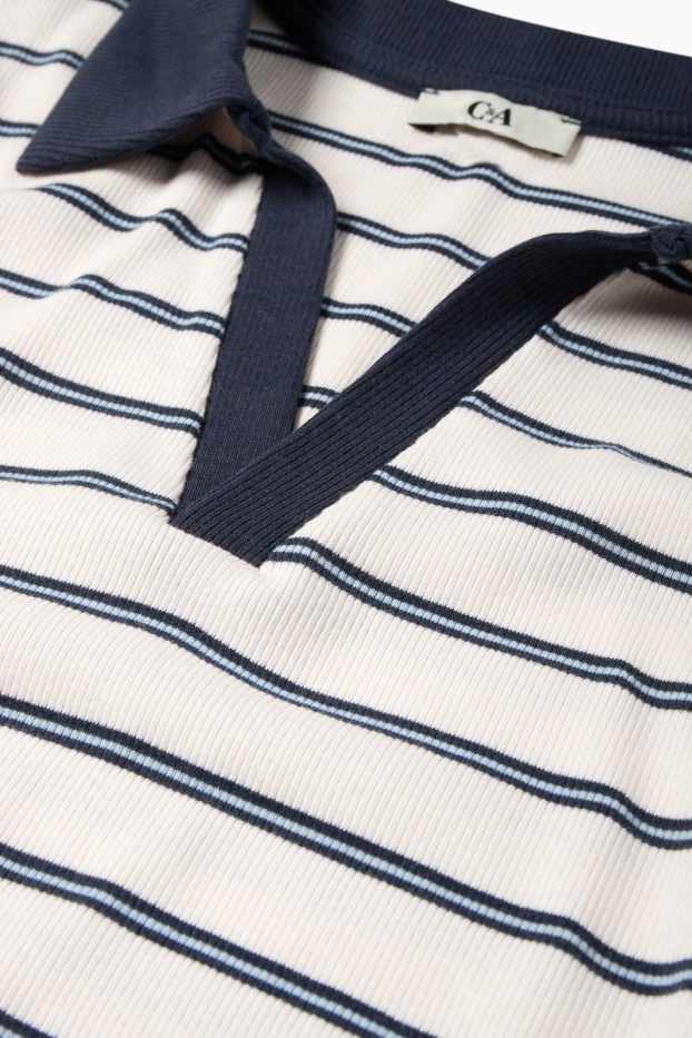 Femei - Tricou polo crop - slim fit - reiat - cu dungi - albastru / alb