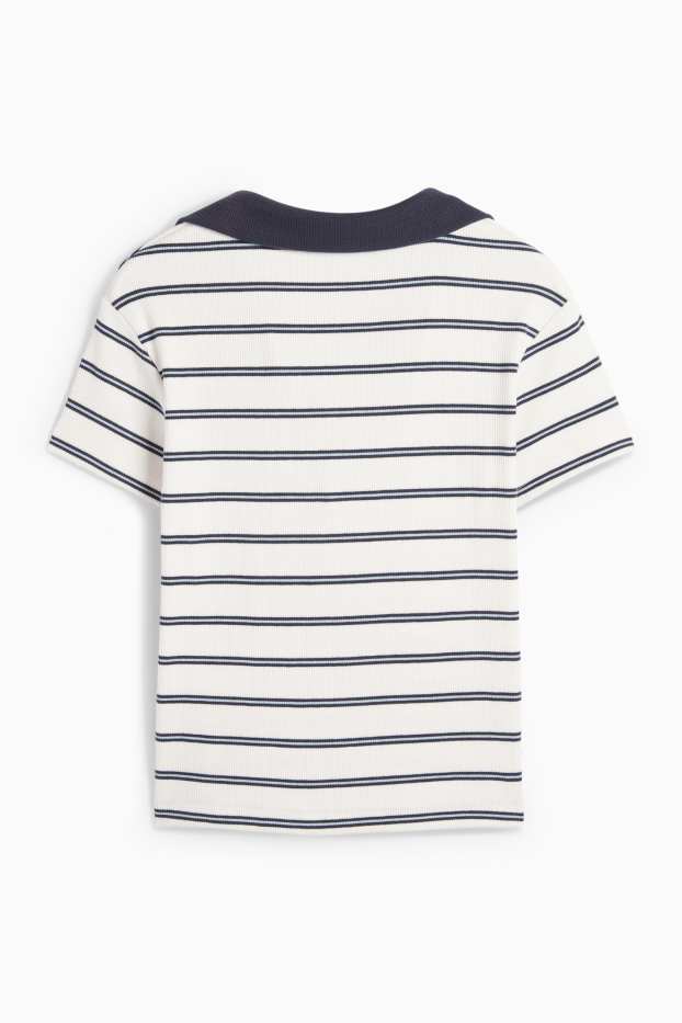 Femei - Tricou polo crop - slim fit - reiat - cu dungi - albastru / alb