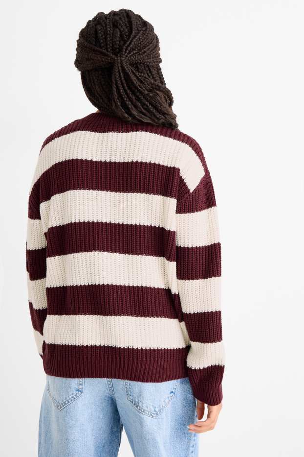 Kinder Mädchen - Pullover - gerippt - gestreift - rot / cremeweiß