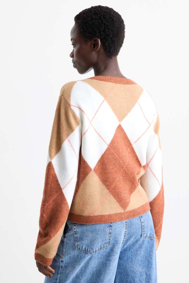 Dámské - Pletený kardigan - kostkovaný - béžová