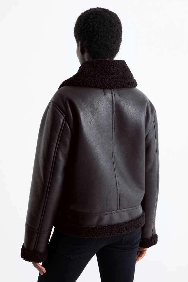 Femei - Jachetă din piele shearling falsă - imitație de piele - negru
