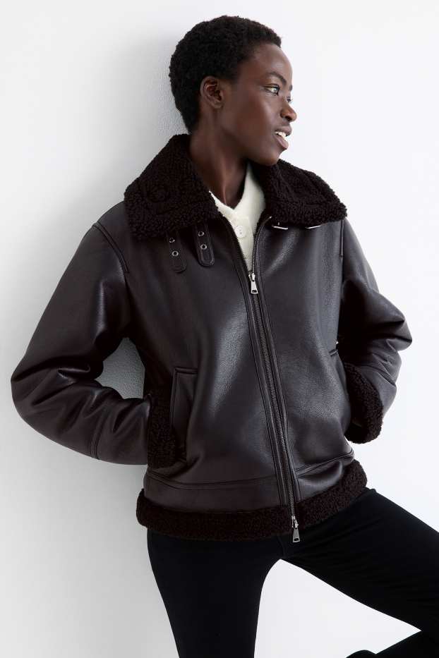 Femei - Jachetă din piele shearling falsă - imitație de piele - negru