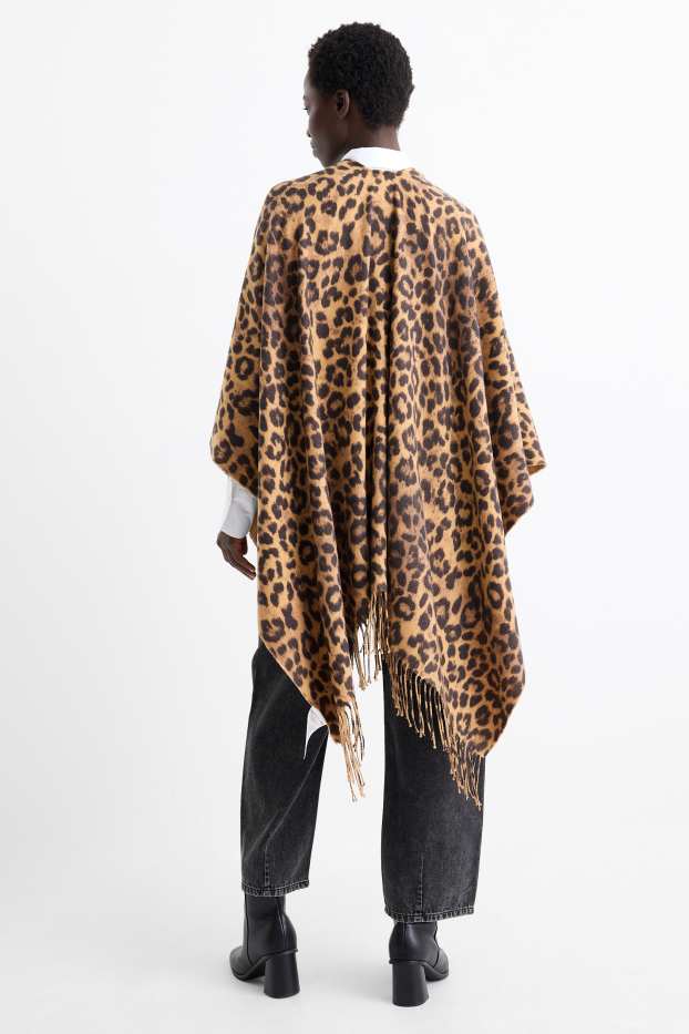Femei - Poncho cu franjuri - imprimeu de leopard - negru / nej