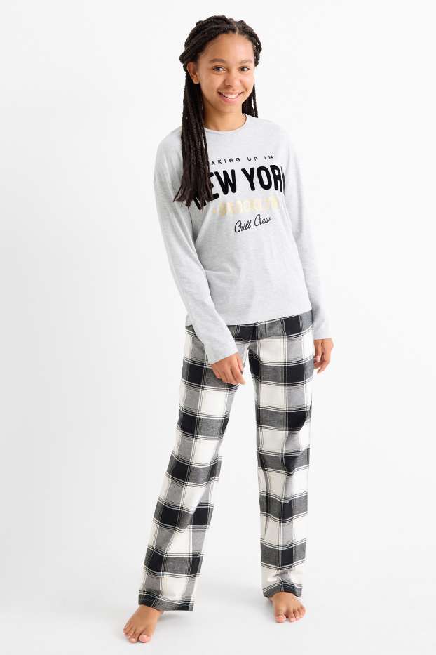 Copii - Fete - New York - pijama cu pantaloni din flanel - 2 piese - gri deschis melanj