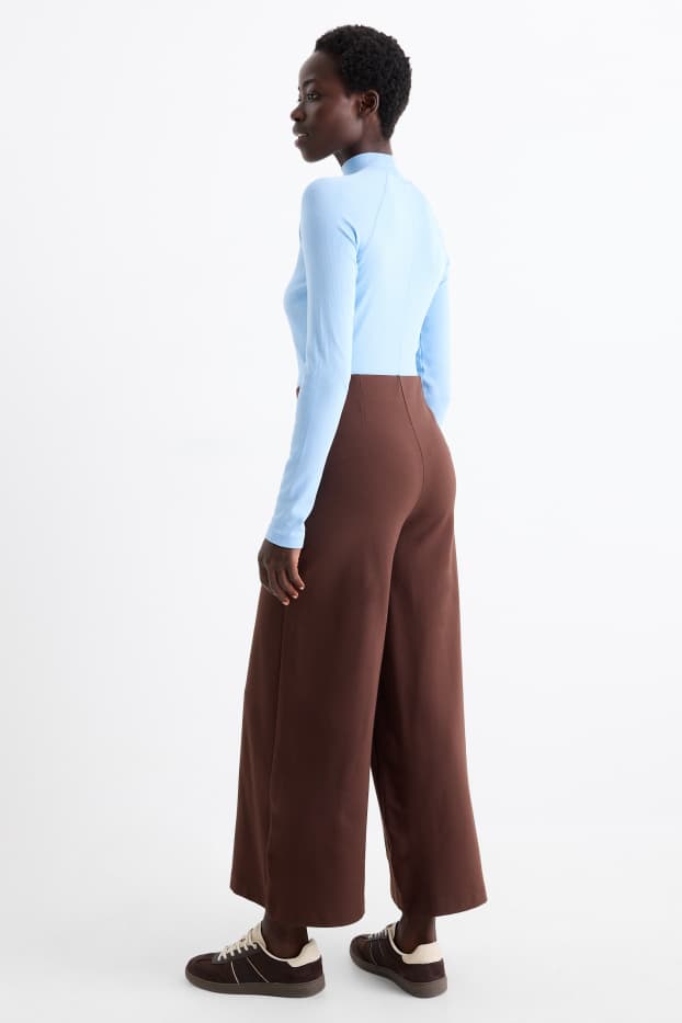 Femei - Pantaloni din jerseu - talie înaltă - wide leg - maro închis