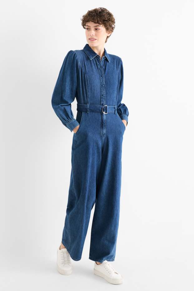 Femei - Salopetă din denim cu curea - denim-albastru