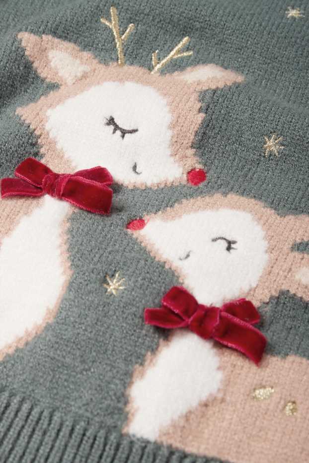 Baby Girls - Reindeer - baby Christmas jumper - green