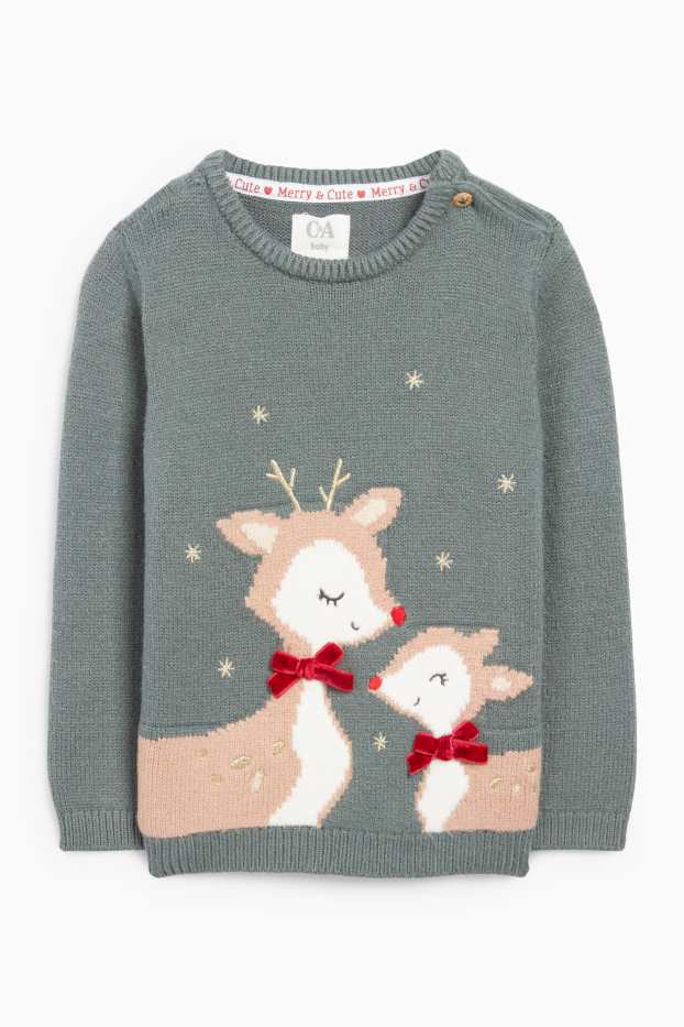 Baby Girls - Reindeer - baby Christmas jumper - green