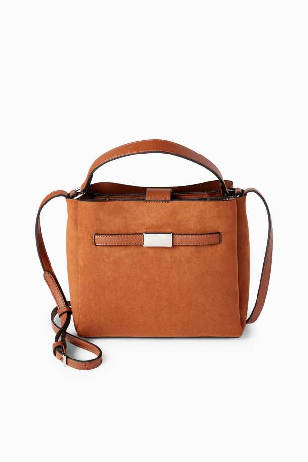Femei - Geantă shopper mică - imitație de piele întoarsă - maro deschis