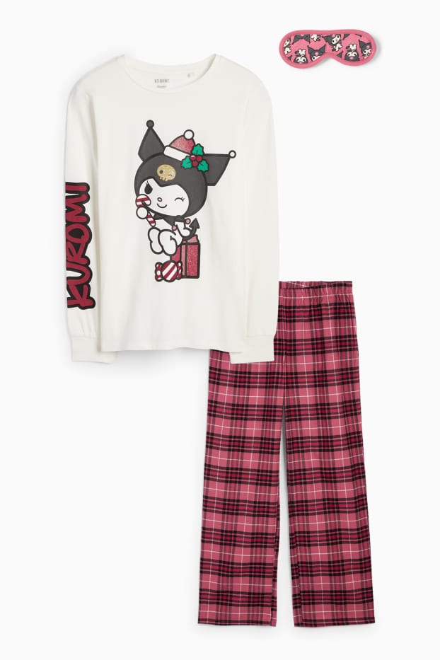 Copii - Fete - Kuromi - set - pijama cu pantaloni din flanel și mască de dormit - alb / roz