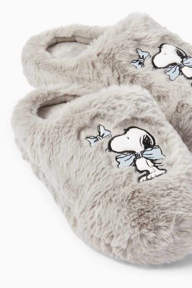 Femei - Papuci de casă din blană artificială - Snoopy - gri