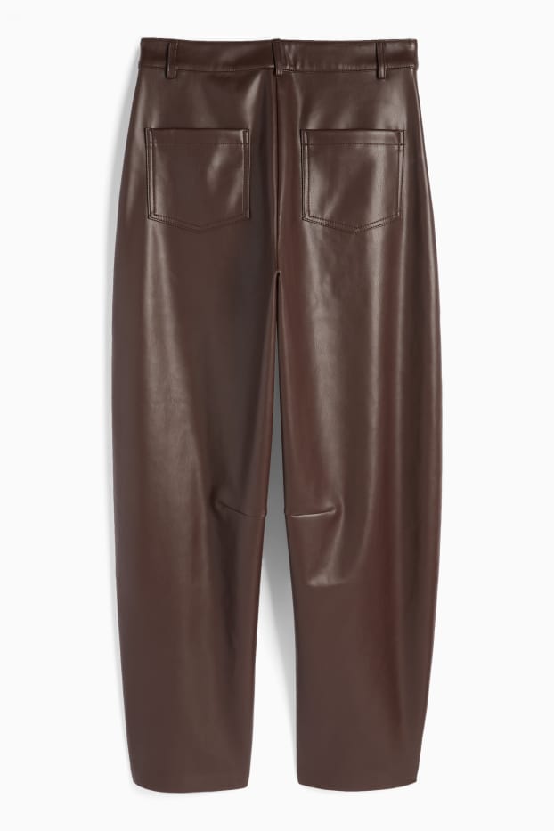 Femei - Pantaloni - talie medie - barrel leg - imitație de piele - maro închis