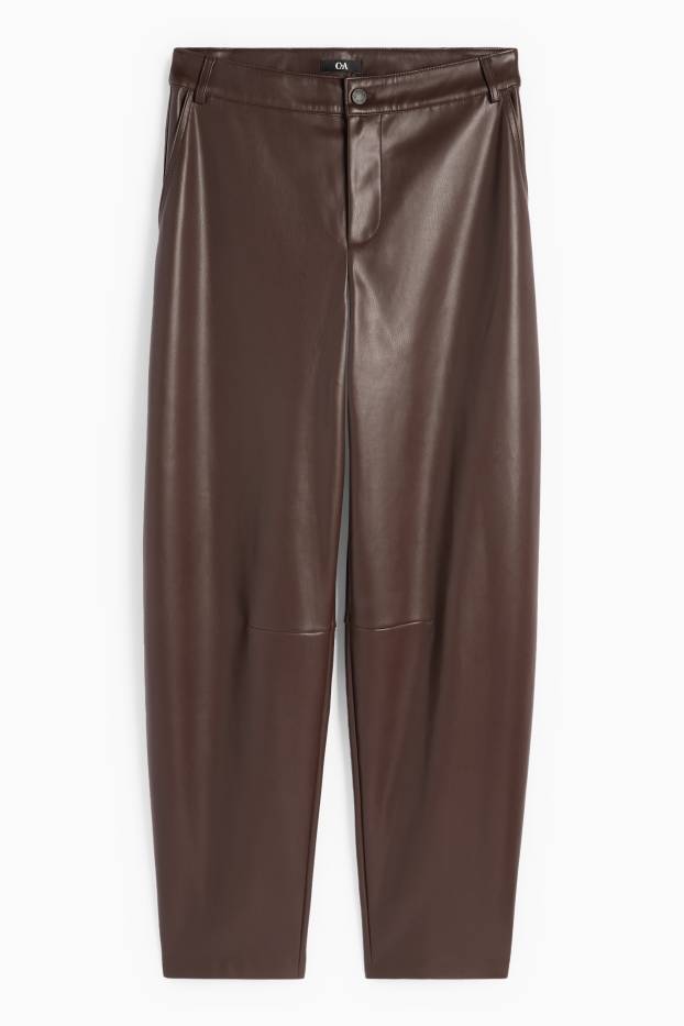 Femei - Pantaloni - talie medie - barrel leg - imitație de piele - maro închis
