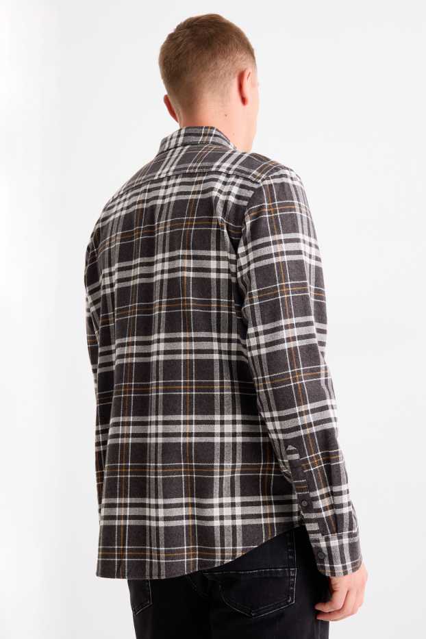 Bărbați - Cămașă din flanel - regular fit - guler Kent - în carouri - gri închis