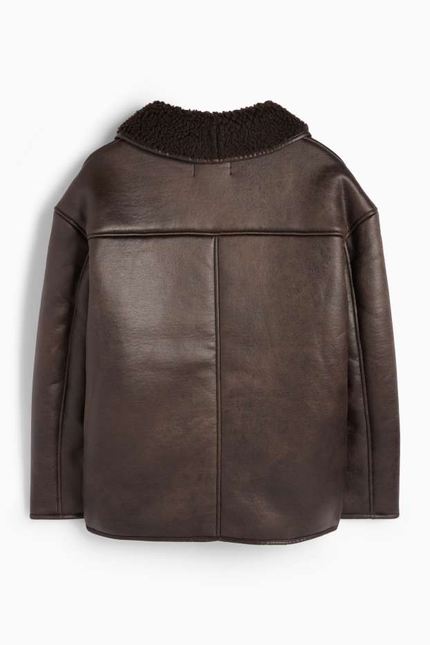 Femei - Geacă din piele shearling sintetică - imitație de piele - maro închis