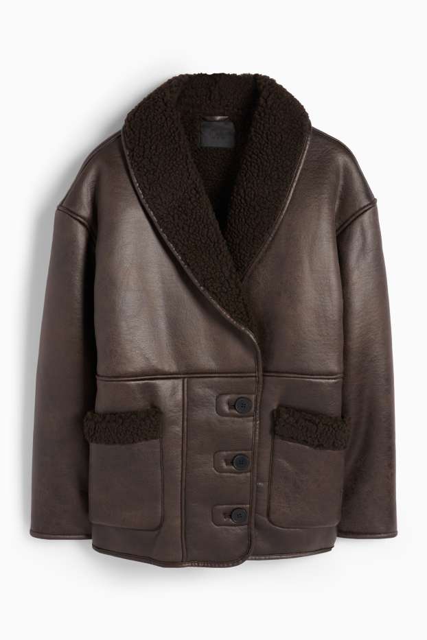 Femei - Geacă din piele shearling sintetică - imitație de piele - maro închis