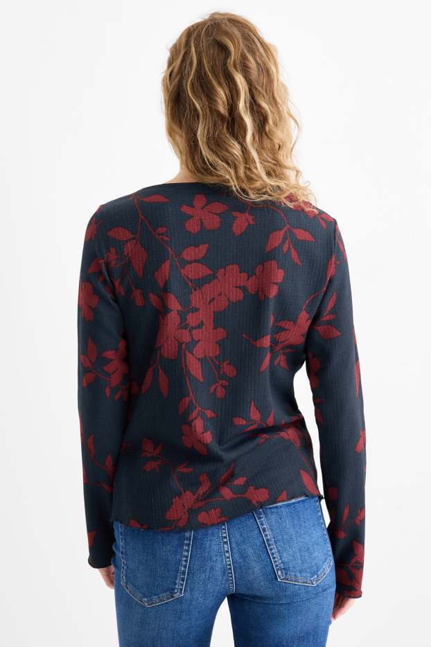 Women - Long sleeve top - regular fit - floral - textured - dark blue