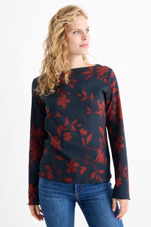 Women - Long sleeve top - regular fit - floral - textured - dark blue