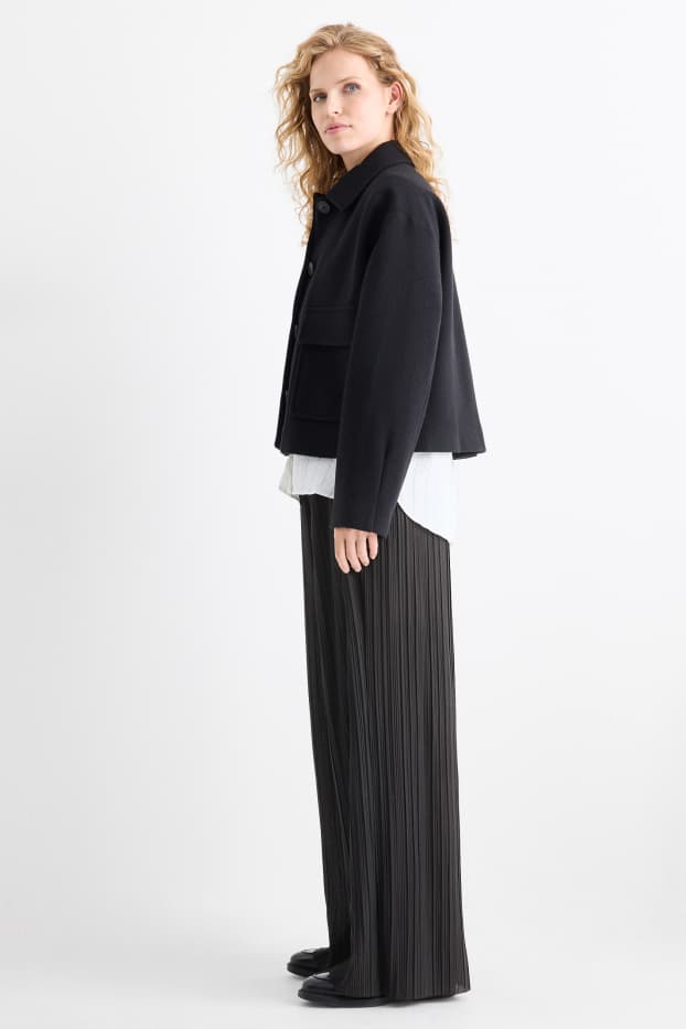Femei - Pantaloni plisați - talie înaltă - wide leg - negru