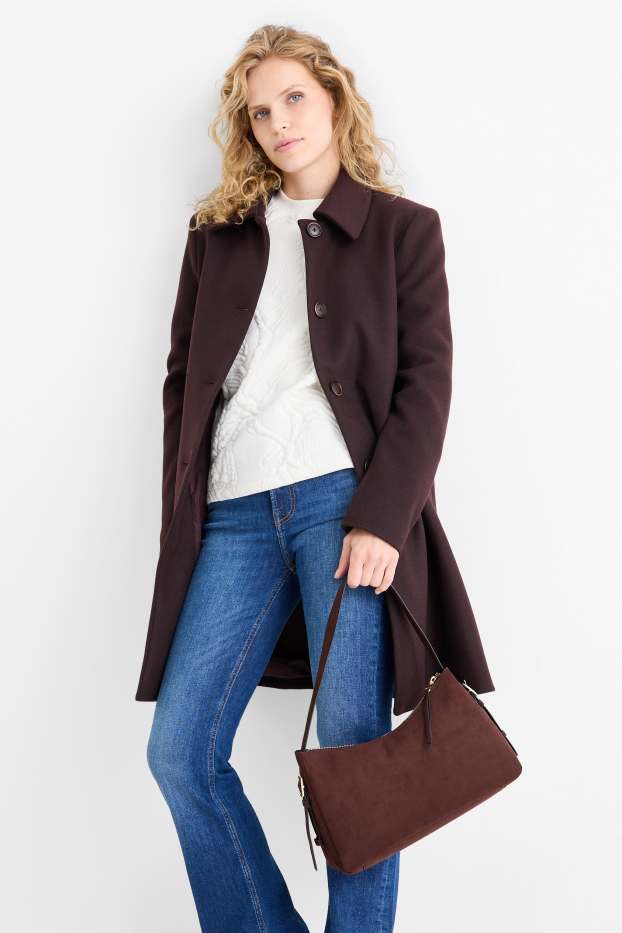 Dámské - Kabelka na rameno - imitace semiše - tmavohnědá