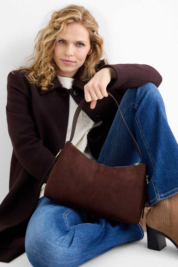 Dámské - Kabelka na rameno - imitace semiše - tmavohnědá