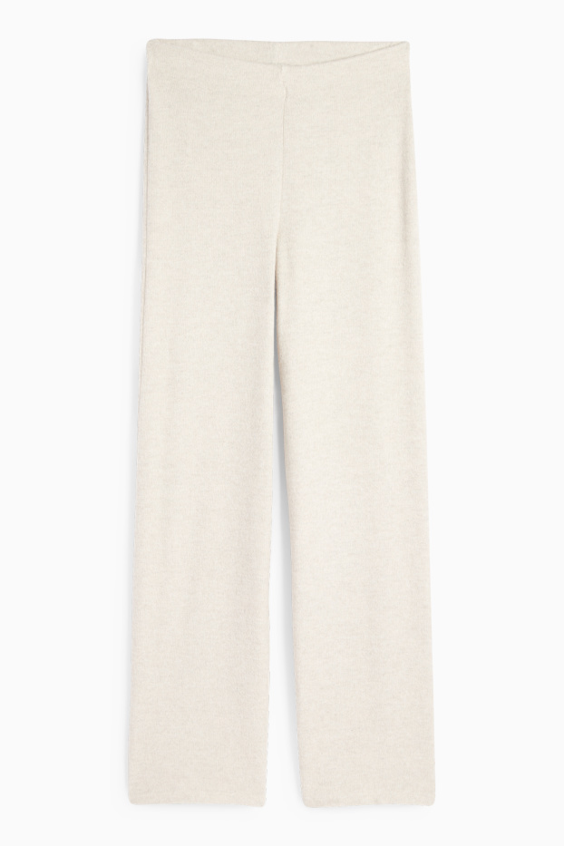 Damen - Strick-Hose - Mid Waist - Wide Leg - gerippt - hellbeige