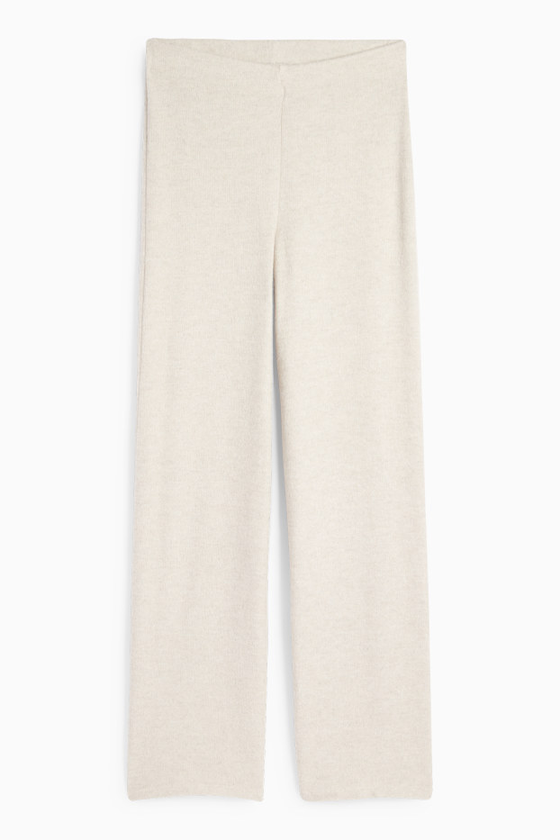 Damen - Strick-Hose - Mid Waist - Wide Leg - gerippt - hellbeige