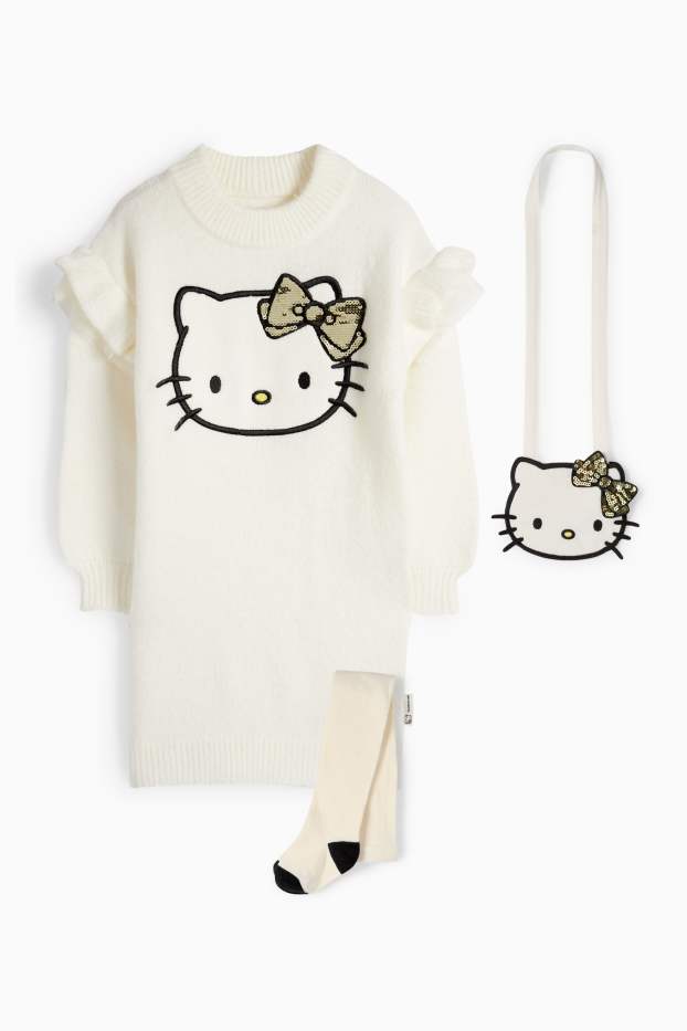 Copii - Fete - Hello Kitty - set - rochie din tricot, geantă și dresuri - alb-crem