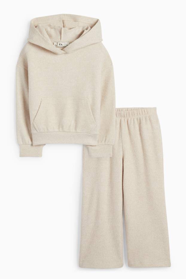 Copii - Fete - Set - pulover cu glugă și pantaloni din tricot - reiați - 2 piese - bej deschis