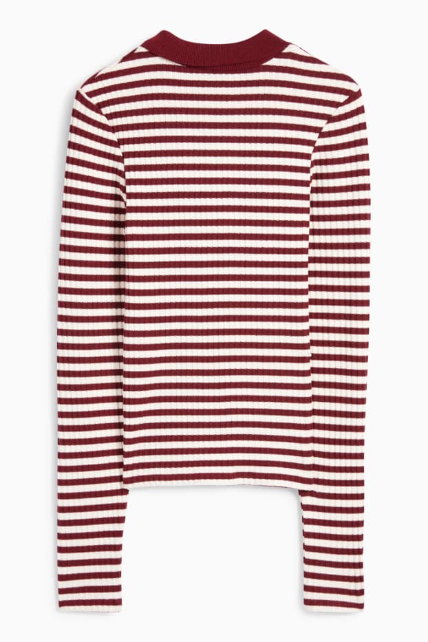 Women - Long sleeve polo shirt - slim fit - ribbed - embroidered - dark red / black