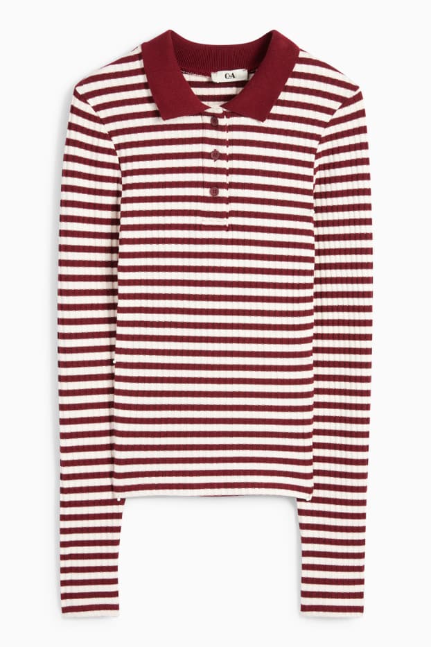 Women - Long sleeve polo shirt - slim fit - ribbed - embroidered - dark red / black
