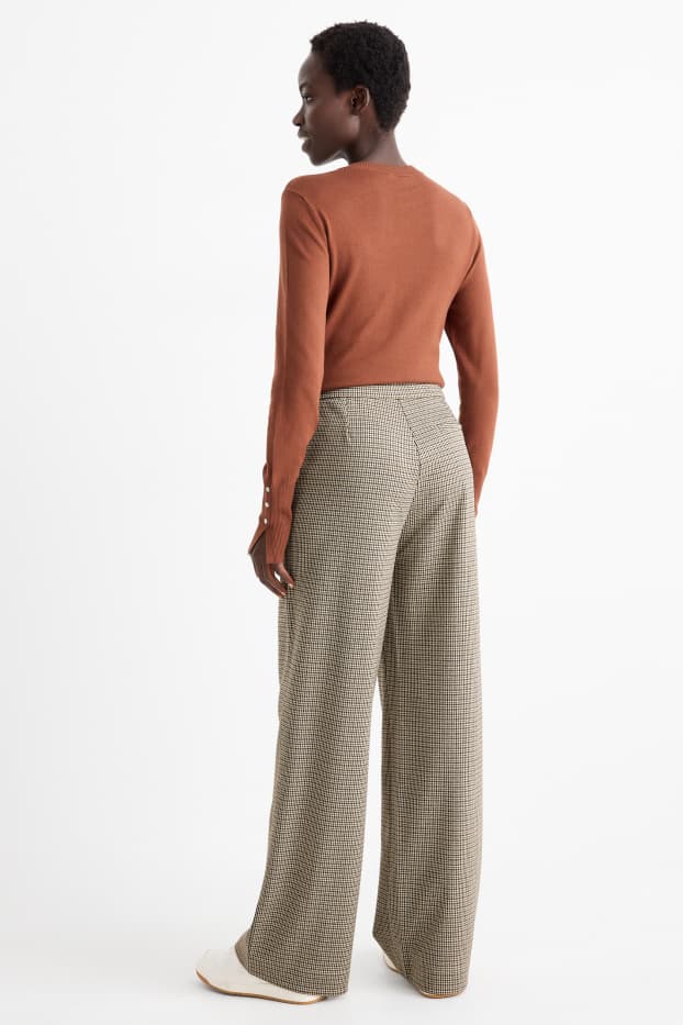 Femei - Pantaloni din jerseu - talie înaltă - wide leg - în carouri - bej deschis
