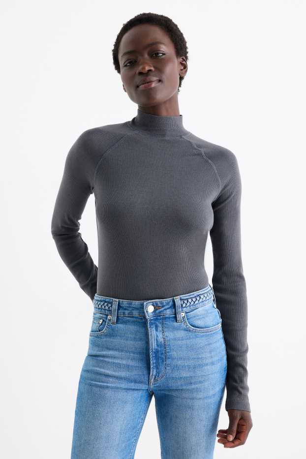 Femei - Tricou cu mânecă lungă - slim fit - reiat - gri închis