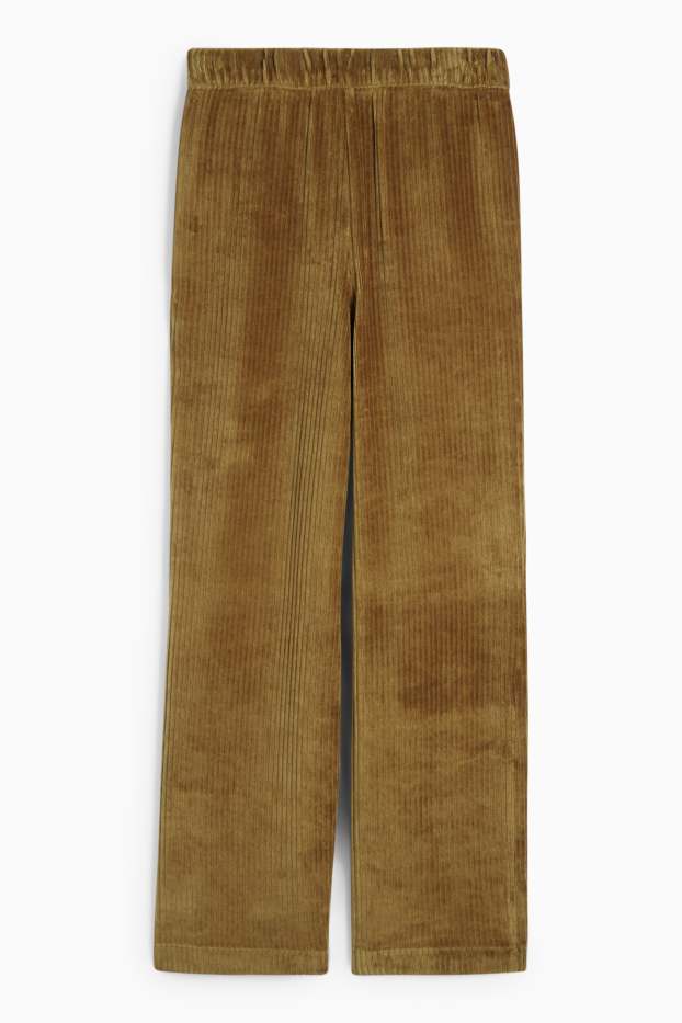 Femei - Pantaloni din catifea - talie înaltă - wide leg - reiați - bej