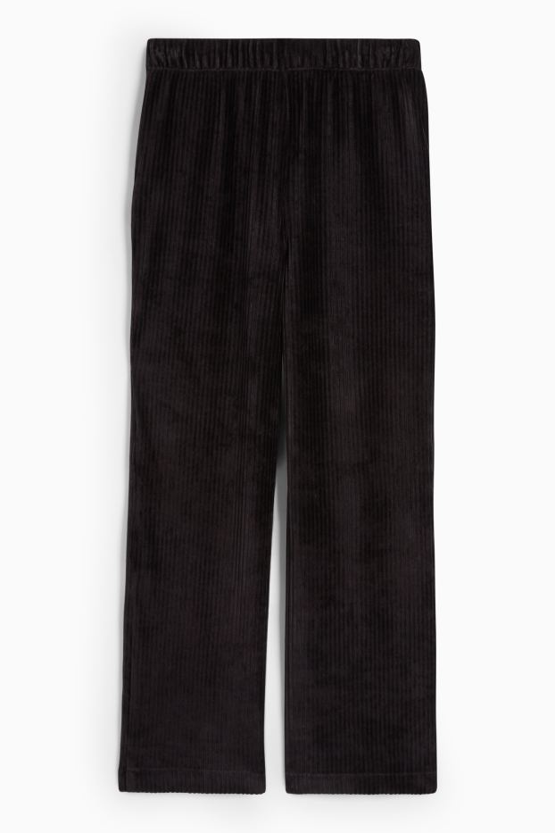 Femei - Pantaloni din catifea - talie înaltă - wide leg - reiați - negru