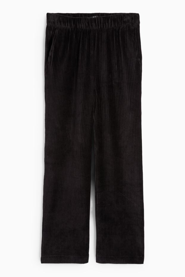 Femei - Pantaloni din catifea - talie înaltă - wide leg - reiați - negru