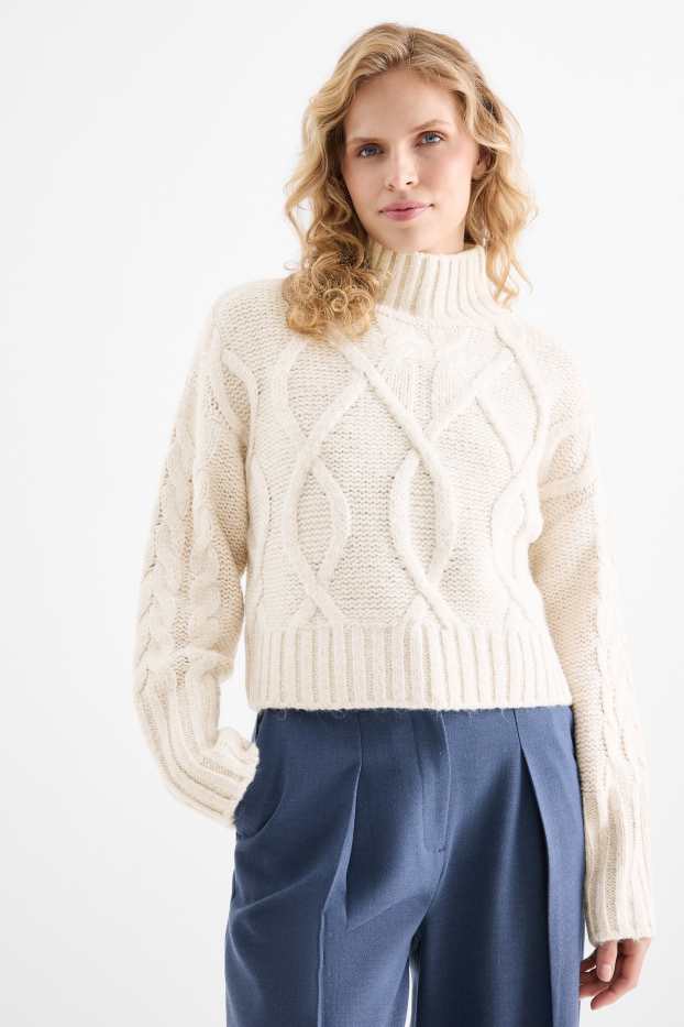 Femei - Pulover crop - cu torsade - bej deschis