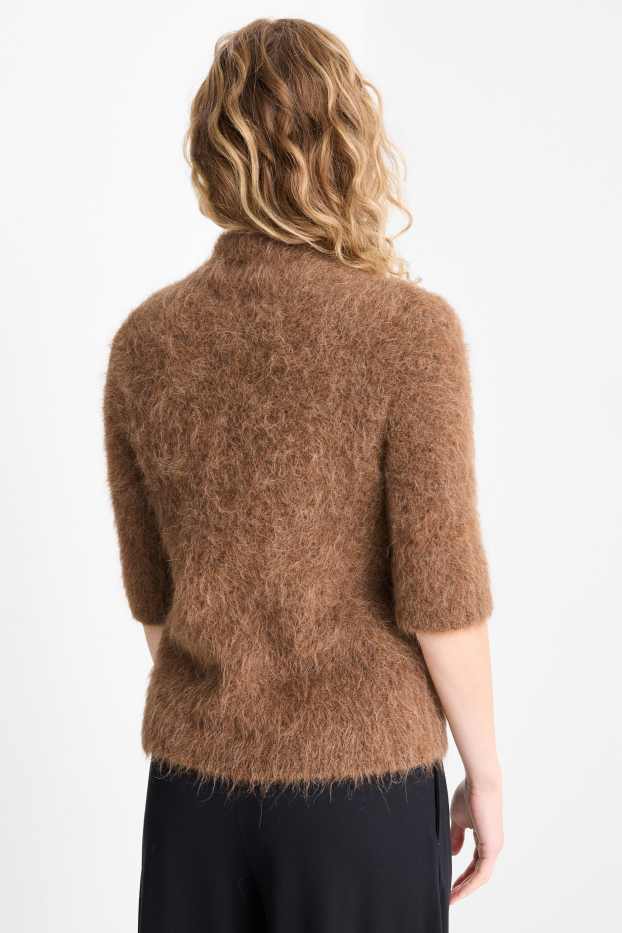 Femei - Pulover tricotat - cu mânecă scurtă - amestec de lână alpaca - maro