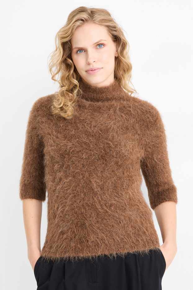 Femei - Pulover tricotat - cu mânecă scurtă - amestec de lână alpaca - maro