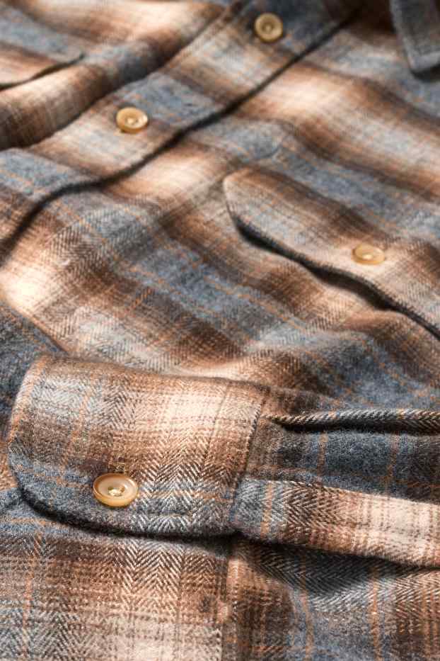 Bărbați - Cămașă din flanel - regular fit - guler Kent - în carouri - maro deschis