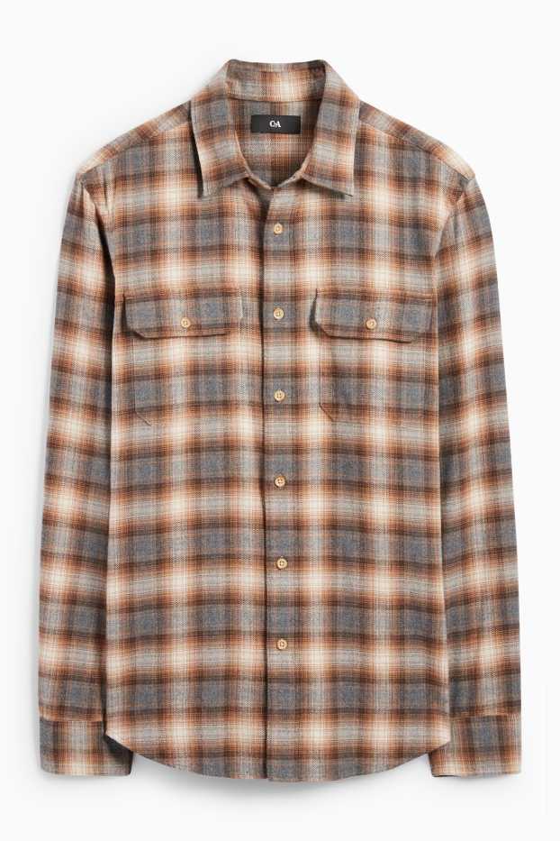 Bărbați - Cămașă din flanel - regular fit - guler Kent - în carouri - maro deschis