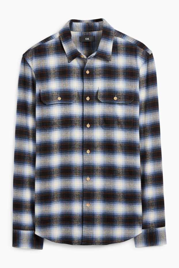 Bărbați - Cămașă din flanel - regular fit - guler Kent - în carouri - maro / albastru